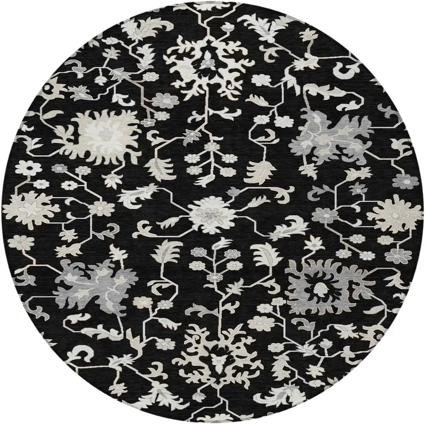 8' Black Ivory And Gray Round Floral Washable Indoor Outdoor Area Rug Photo 4