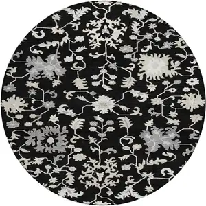 Photo of 8' Black Ivory And Gray Round Floral Washable Indoor Outdoor Area Rug
