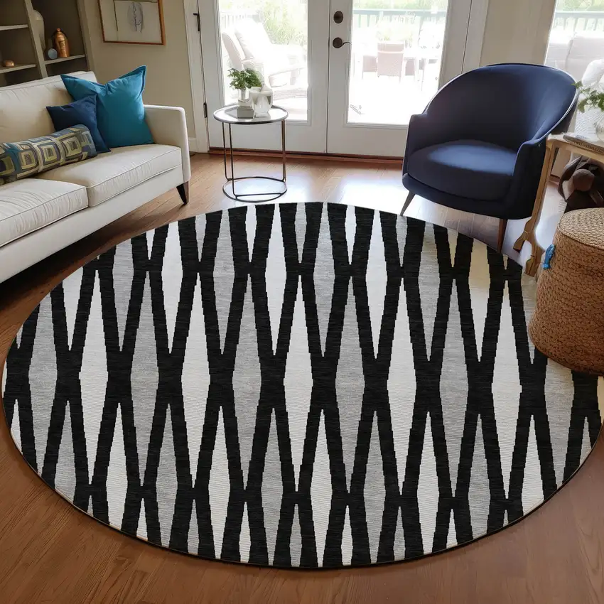 8' Black Ivory And Gray Round Geometric Washable Indoor Outdoor Area Rug Photo 7