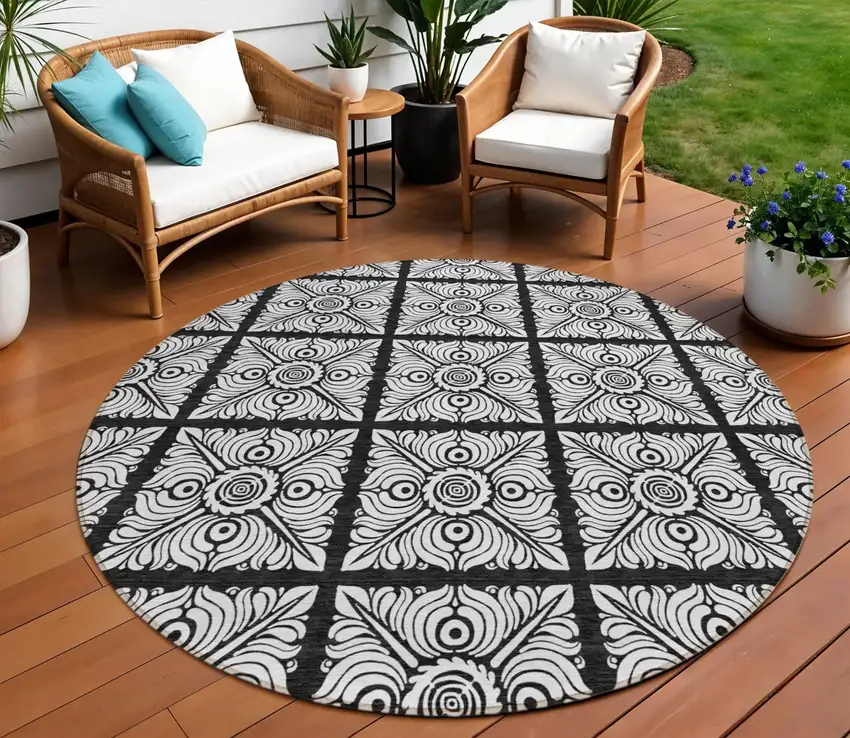 8' Black Ivory And Gray Round Medallion Washable Indoor Outdoor Area Rug Photo 1
