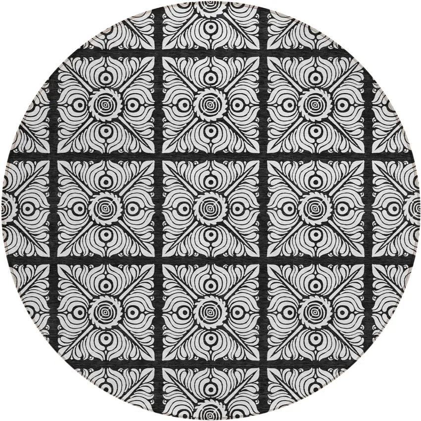 8' Black Ivory And Gray Round Medallion Washable Indoor Outdoor Area Rug Photo 2