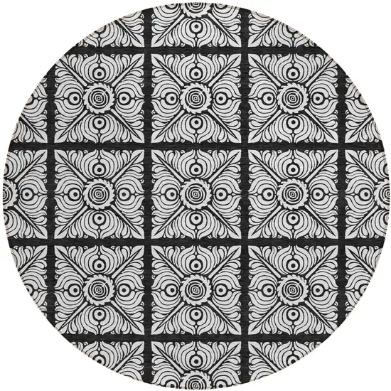 8' Black Ivory And Gray Round Medallion Washable Indoor Outdoor Area Rug Photo 2
