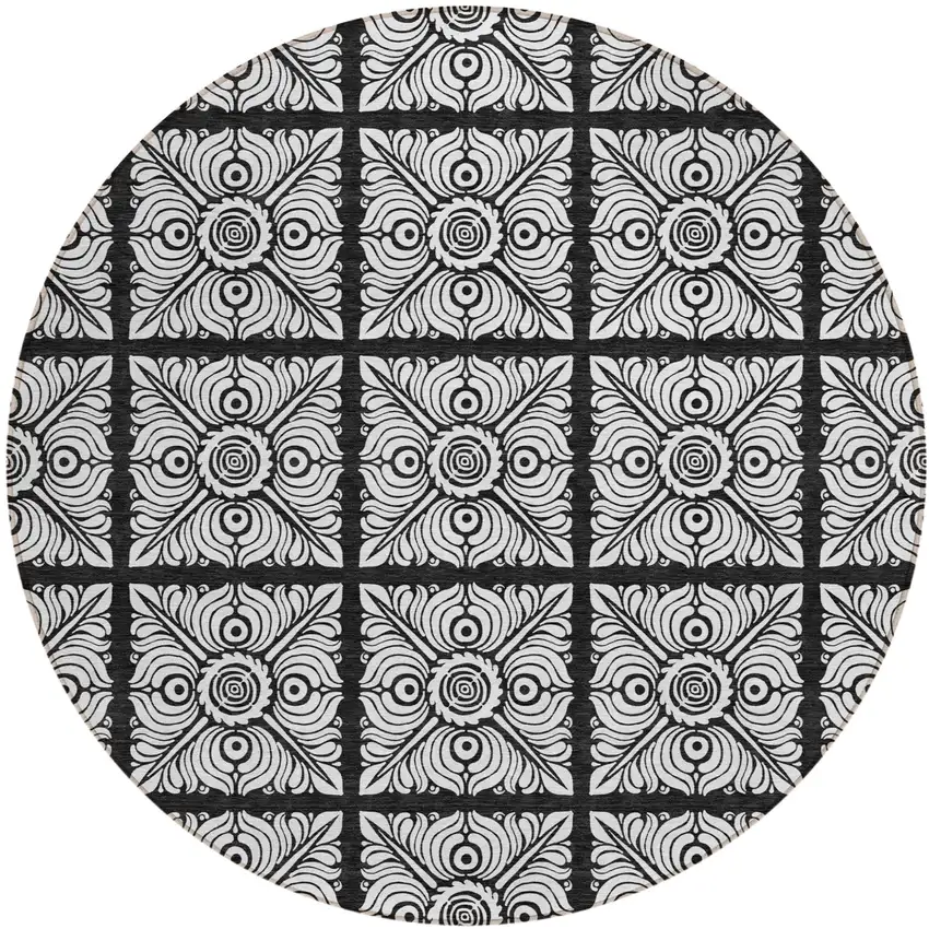 8' Black Ivory And Gray Round Medallion Washable Indoor Outdoor Area Rug Photo 2