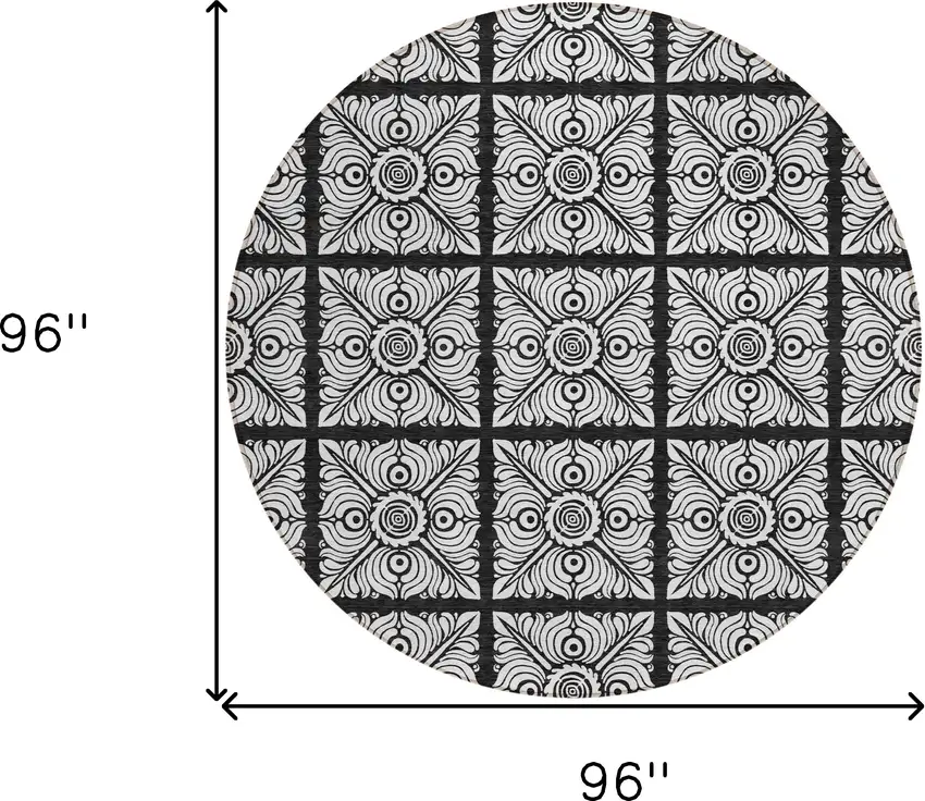8' Black Ivory And Gray Round Medallion Washable Indoor Outdoor Area Rug Photo 3