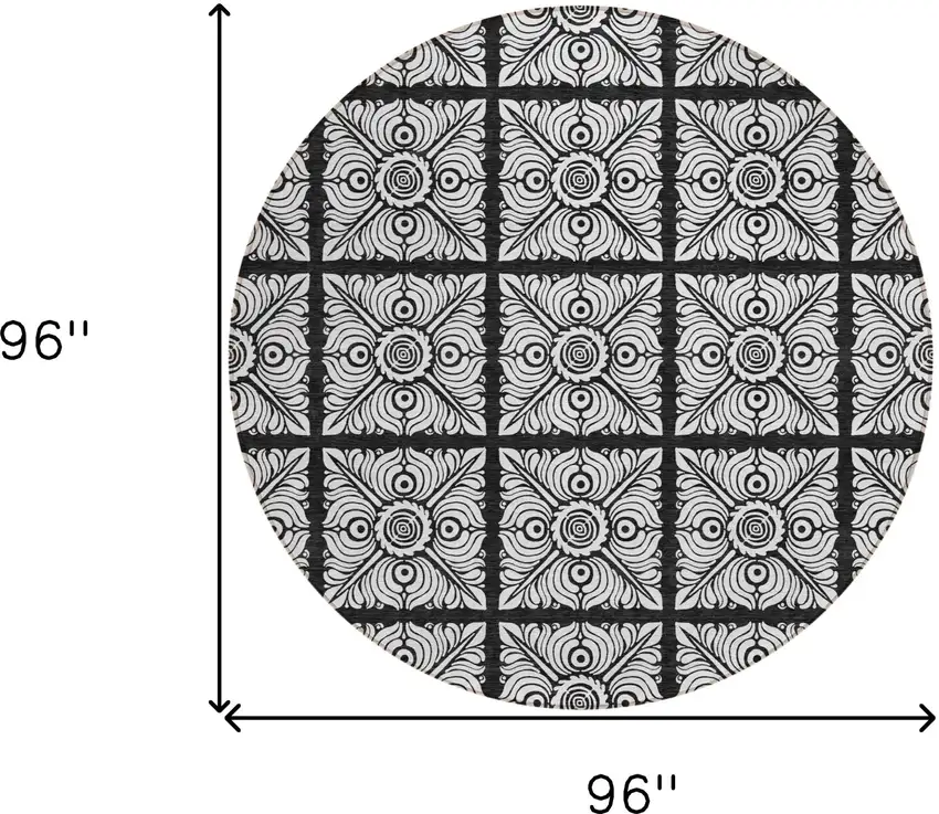 8' Black Ivory And Gray Round Medallion Washable Indoor Outdoor Area Rug Photo 3