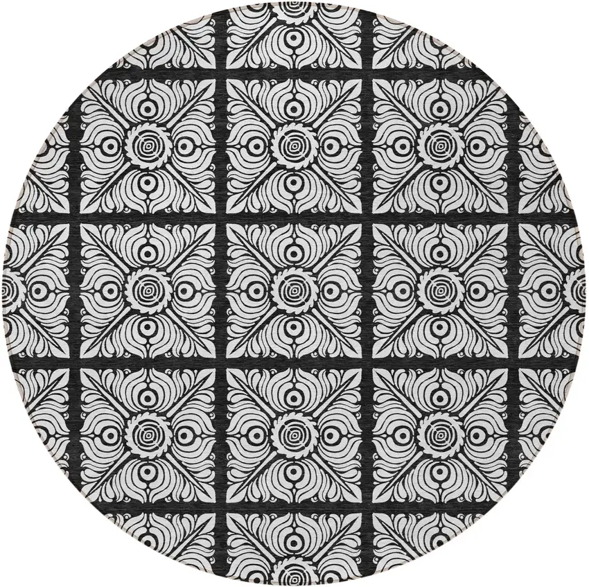 8' Black Ivory And Gray Round Medallion Washable Indoor Outdoor Area Rug Photo 6
