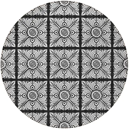 8' Black Ivory And Gray Round Medallion Washable Indoor Outdoor Area Rug Photo 6