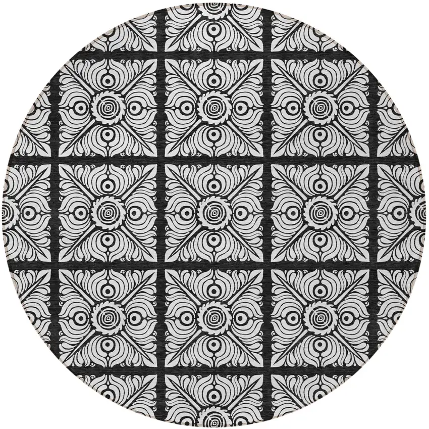 8' Black Ivory And Gray Round Medallion Washable Indoor Outdoor Area Rug Photo 6