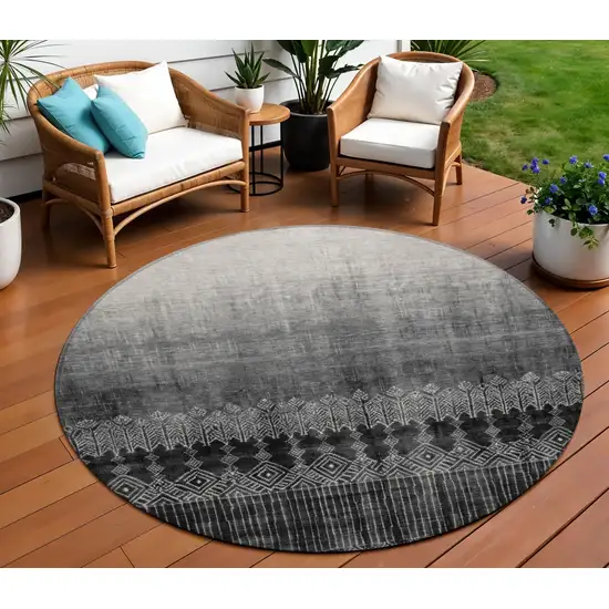 8' Black Ivory And Gray Round Ombre Washable Indoor Outdoor Area Rug Photo 1
