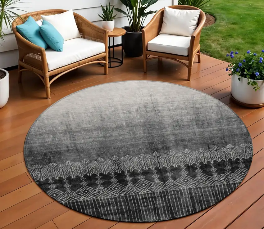 8' Black Ivory And Gray Round Ombre Washable Indoor Outdoor Area Rug Photo 1