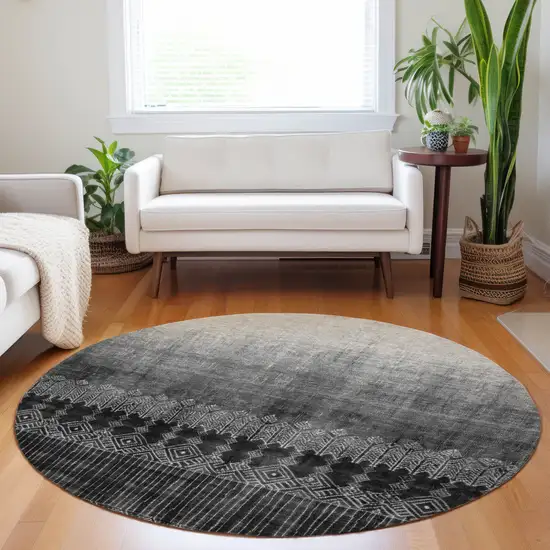 8' Black Ivory And Gray Round Ombre Washable Indoor Outdoor Area Rug Photo 8