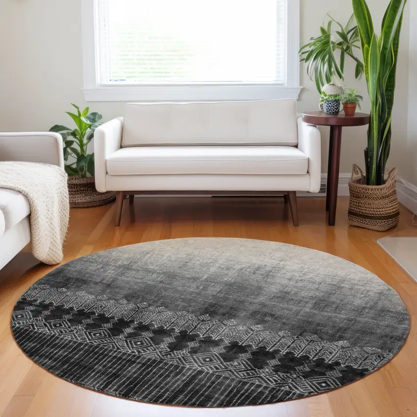 8' Black Ivory And Gray Round Ombre Washable Indoor Outdoor Area Rug Photo 8