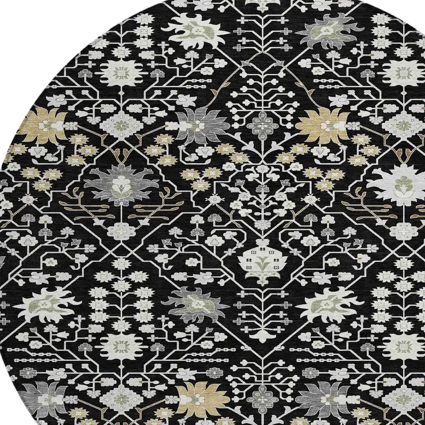 8' Black Ivory And Gray Round Oriental Washable Indoor Outdoor Area Rug Photo 4