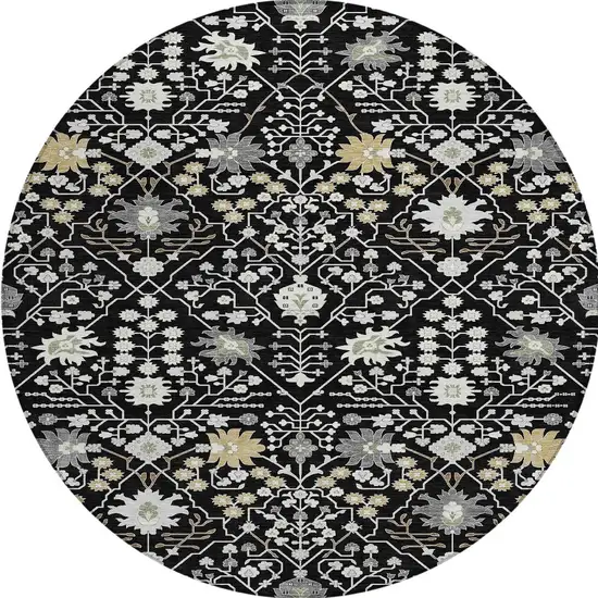 8' Black Ivory And Gray Round Oriental Washable Indoor Outdoor Area Rug Photo 5