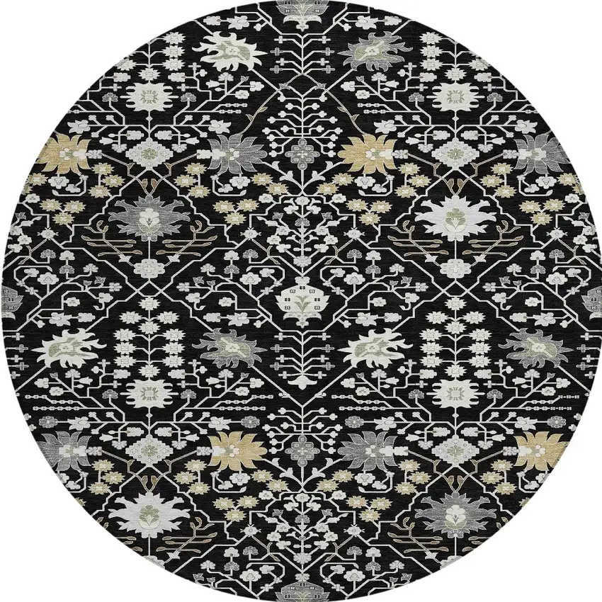 8' Black Ivory And Gray Round Oriental Washable Indoor Outdoor Area Rug Photo 5