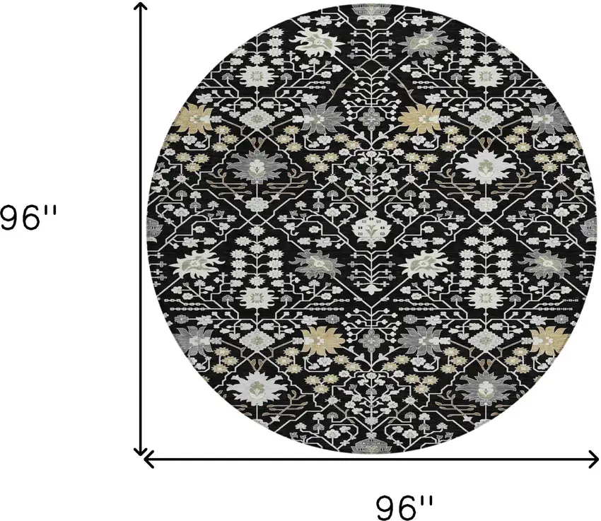 8' Black Ivory And Gray Round Oriental Washable Indoor Outdoor Area Rug Photo 3