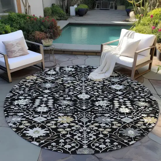 8' Black Ivory And Gray Round Oriental Washable Indoor Outdoor Area Rug Photo 6