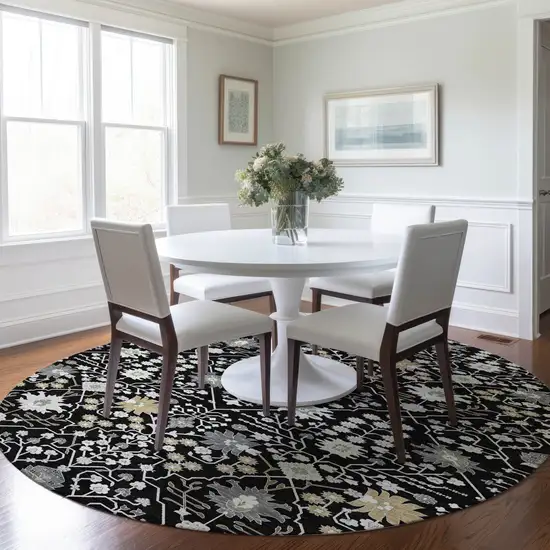 8' Black Ivory And Gray Round Oriental Washable Indoor Outdoor Area Rug Photo 7