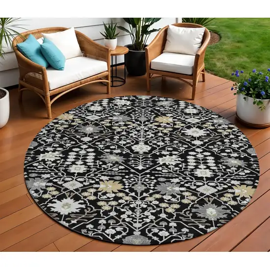 8' Black Ivory And Gray Round Oriental Washable Indoor Outdoor Area Rug Photo 1