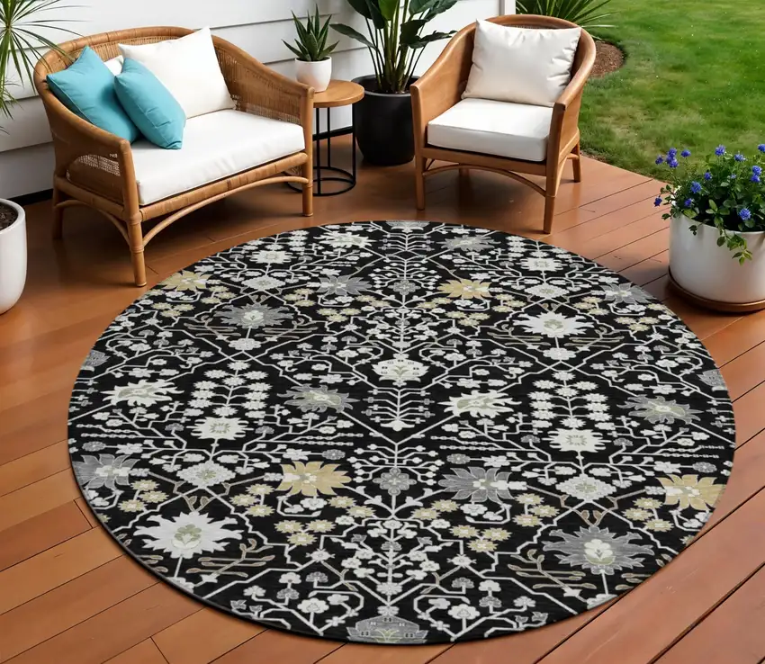 8' Black Ivory And Gray Round Oriental Washable Indoor Outdoor Area Rug Photo 1
