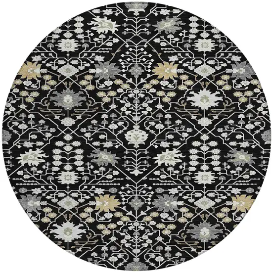8' Black Ivory And Gray Round Oriental Washable Indoor Outdoor Area Rug Photo 2