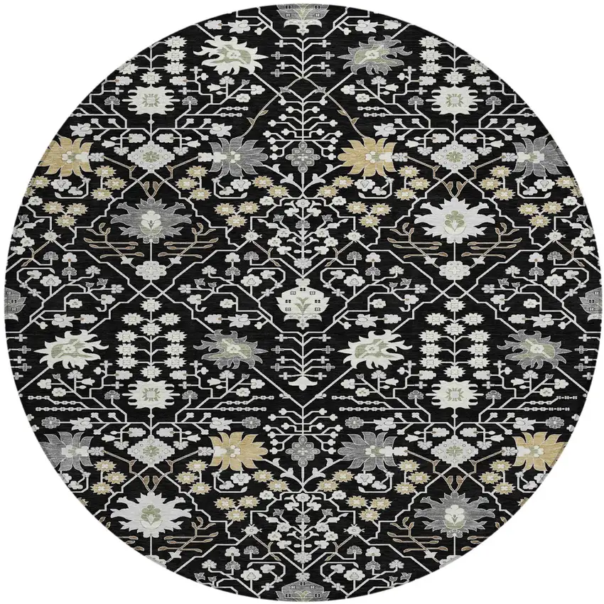 8' Black Ivory And Gray Round Oriental Washable Indoor Outdoor Area Rug Photo 2