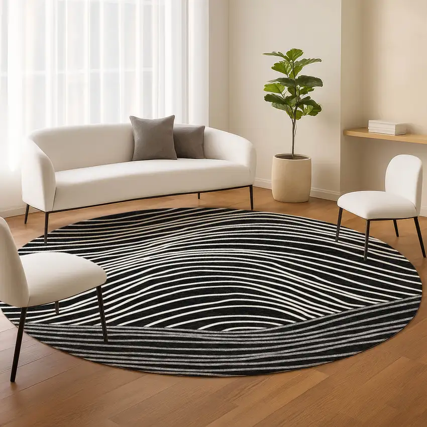 8' Black Ivory And Gray Round Striped Washable Indoor Outdoor Area Rug Photo 8