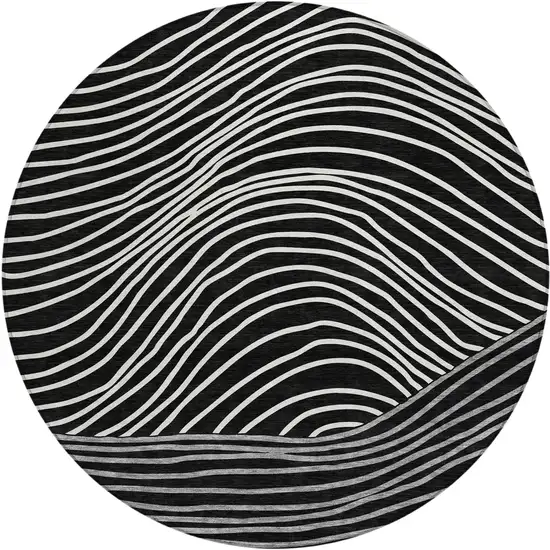 8' Black Ivory And Gray Round Striped Washable Indoor Outdoor Area Rug Photo 2