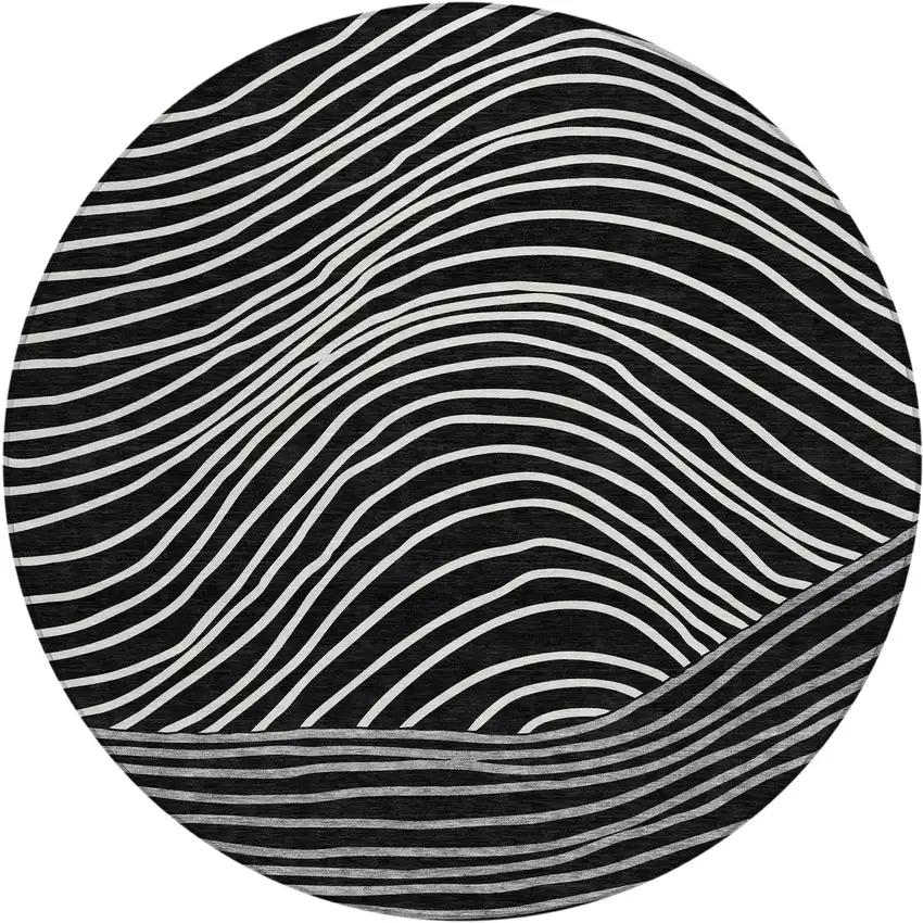 8' Black Ivory And Gray Round Striped Washable Indoor Outdoor Area Rug Photo 2