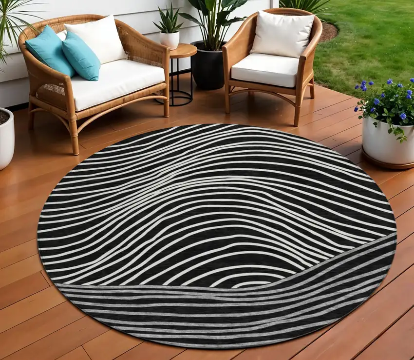 8' Black Ivory And Gray Round Striped Washable Indoor Outdoor Area Rug Photo 1