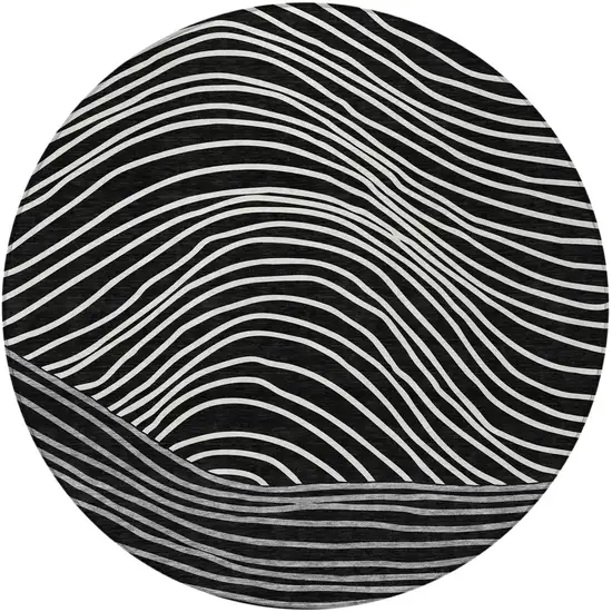 8' Black Ivory And Gray Round Striped Washable Indoor Outdoor Area Rug Photo 4