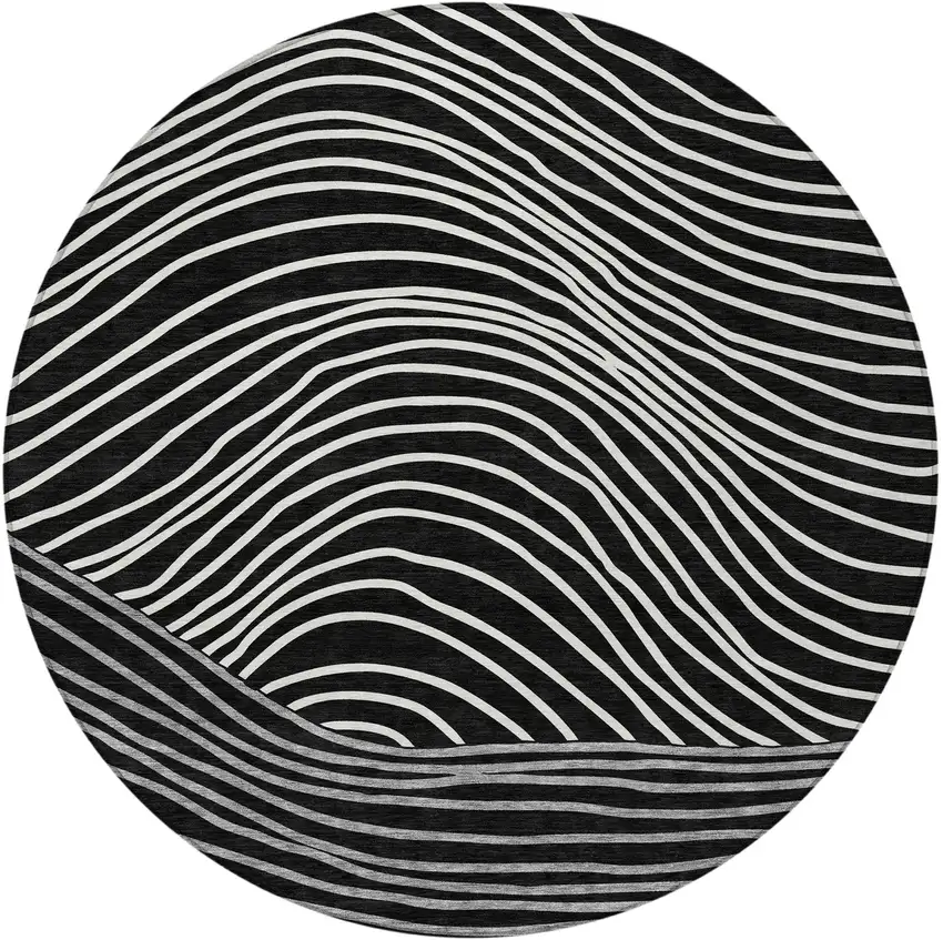 8' Black Ivory And Gray Round Striped Washable Indoor Outdoor Area Rug Photo 4