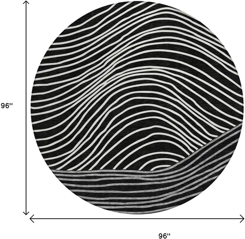 8' Black Ivory And Gray Round Striped Washable Indoor Outdoor Area Rug Photo 3