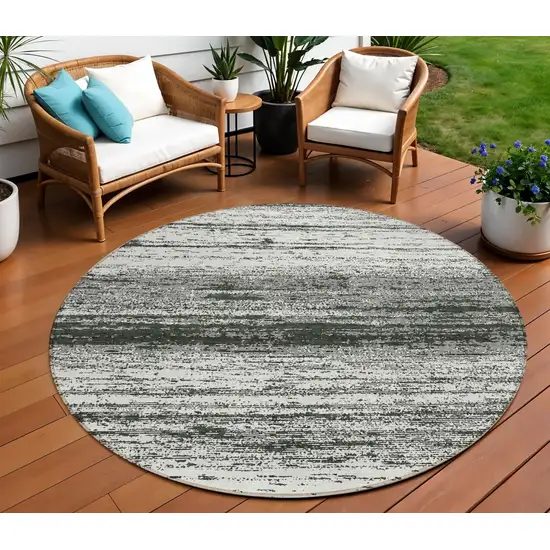 8' Black Ivory And Gray Round Striped Washable Indoor Outdoor Area Rug Photo 1