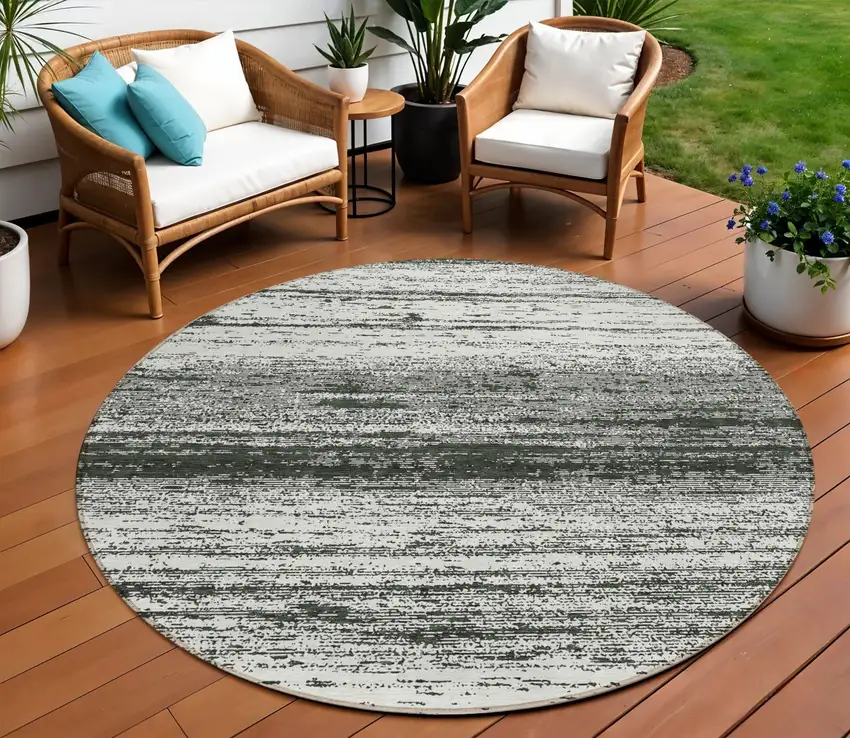 8' Black Ivory And Gray Round Striped Washable Indoor Outdoor Area Rug Photo 1