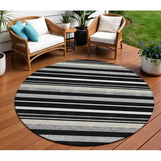 8' Black Ivory And Gray Round Striped Washable Indoor Outdoor Area Rug Photo 1