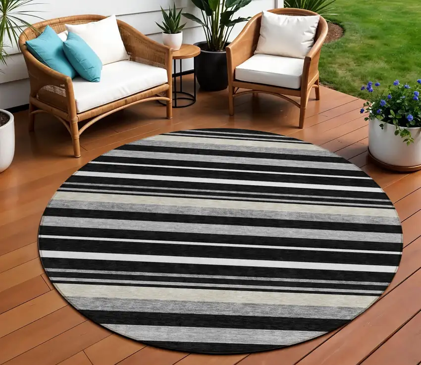 8' Black Ivory And Gray Round Striped Washable Indoor Outdoor Area Rug Photo 1
