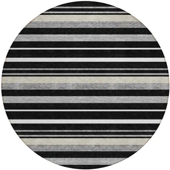 8' Black Ivory And Gray Round Striped Washable Indoor Outdoor Area Rug Photo 2