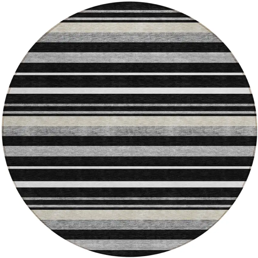 8' Black Ivory And Gray Round Striped Washable Indoor Outdoor Area Rug Photo 2