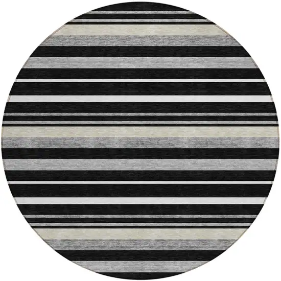 8' Black Ivory And Gray Round Striped Washable Indoor Outdoor Area Rug Photo 2
