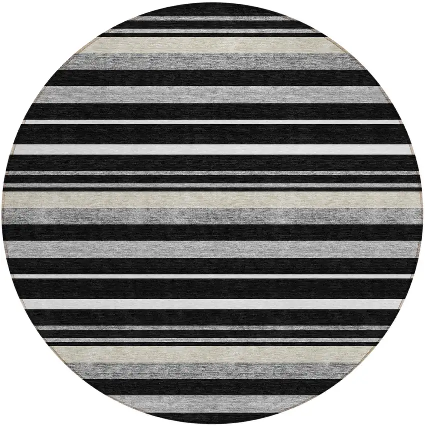 8' Black Ivory And Gray Round Striped Washable Indoor Outdoor Area Rug Photo 2