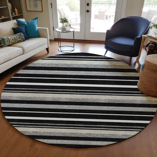 8' Black Ivory And Gray Round Striped Washable Indoor Outdoor Area Rug Photo 8