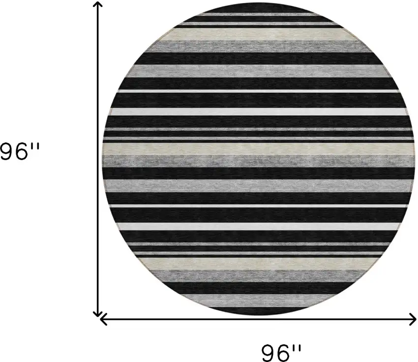 8' Black Ivory And Gray Round Striped Washable Indoor Outdoor Area Rug Photo 6