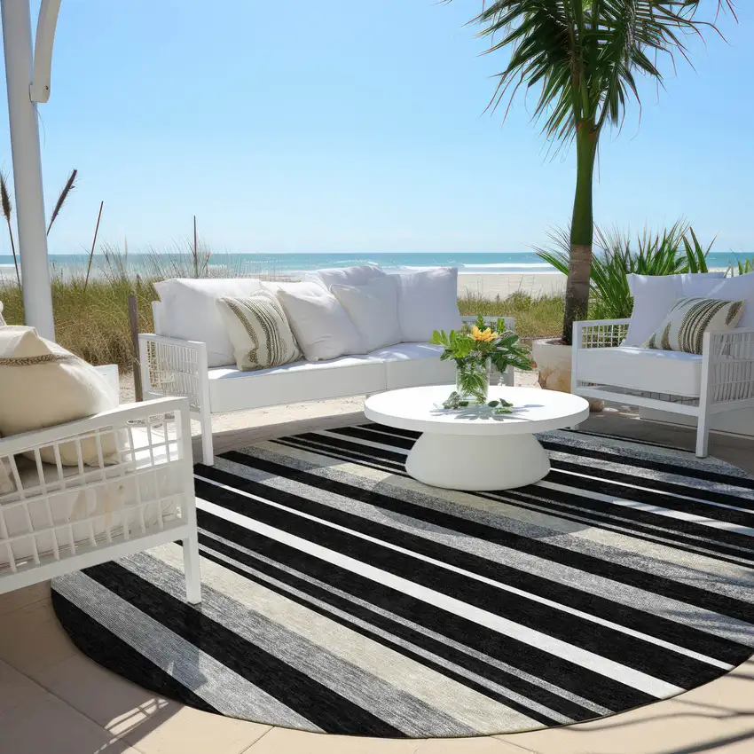 8' Black Ivory And Gray Round Striped Washable Indoor Outdoor Area Rug Photo 7