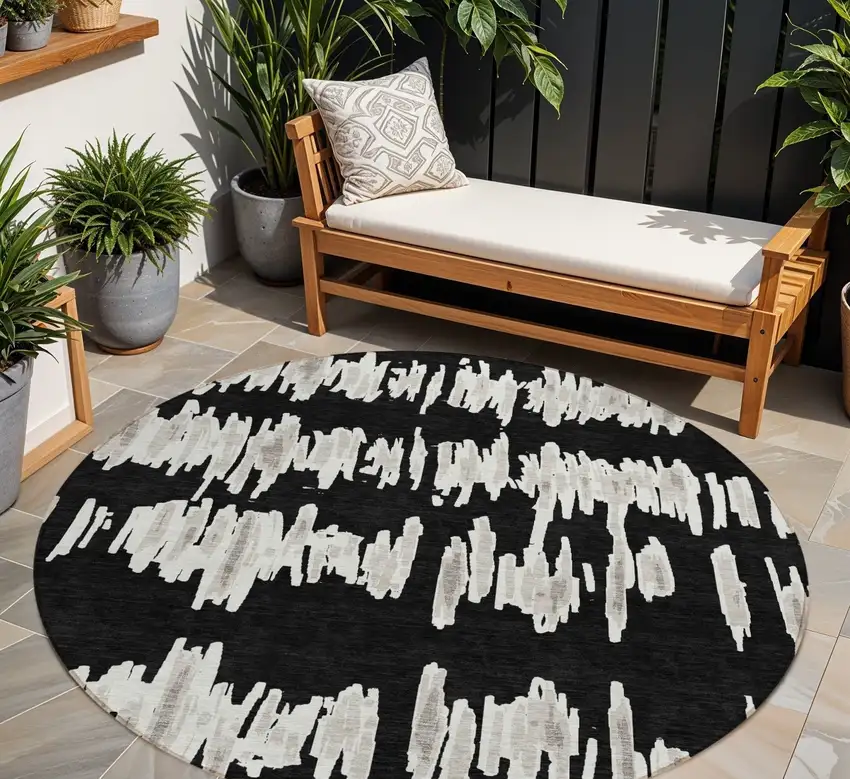 8' Black Ivory And Gray Round Striped Washable Indoor Outdoor Area Rug Photo 1