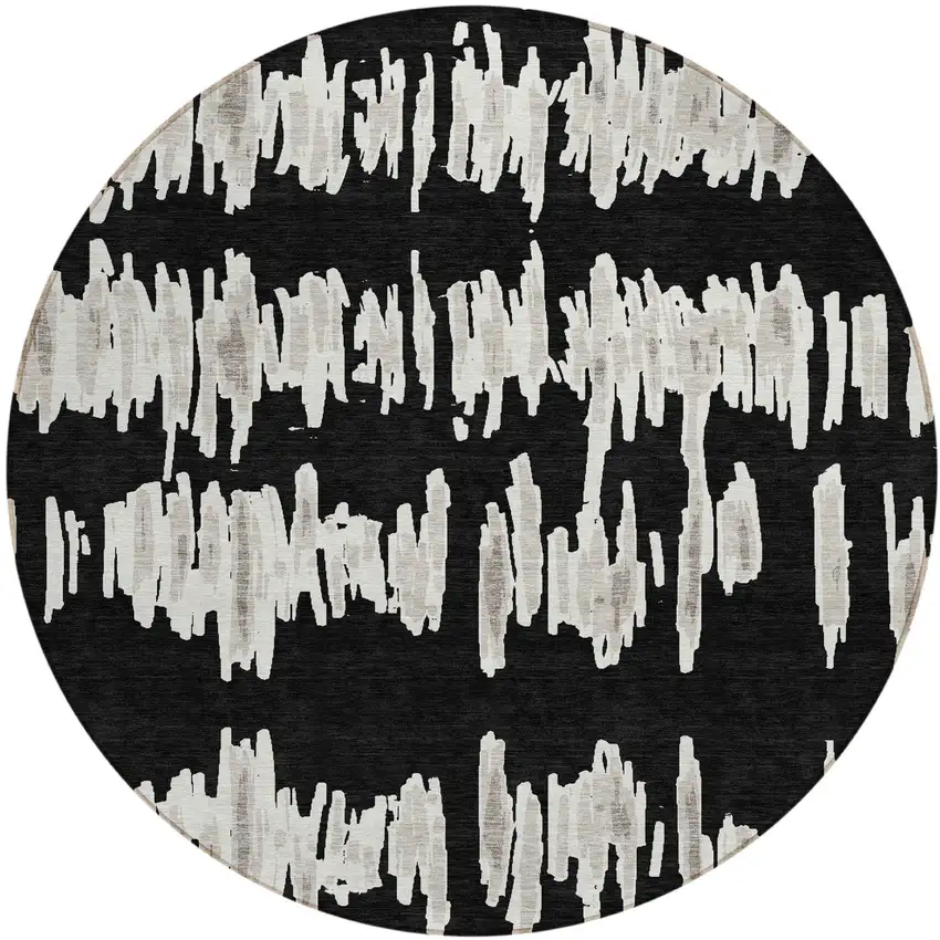 8' Black Ivory And Gray Round Striped Washable Indoor Outdoor Area Rug Photo 2