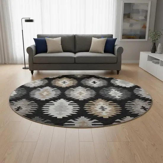 8' Black Ivory And Gray Southwestern Washable Round Rug With UV Protection Photo 2