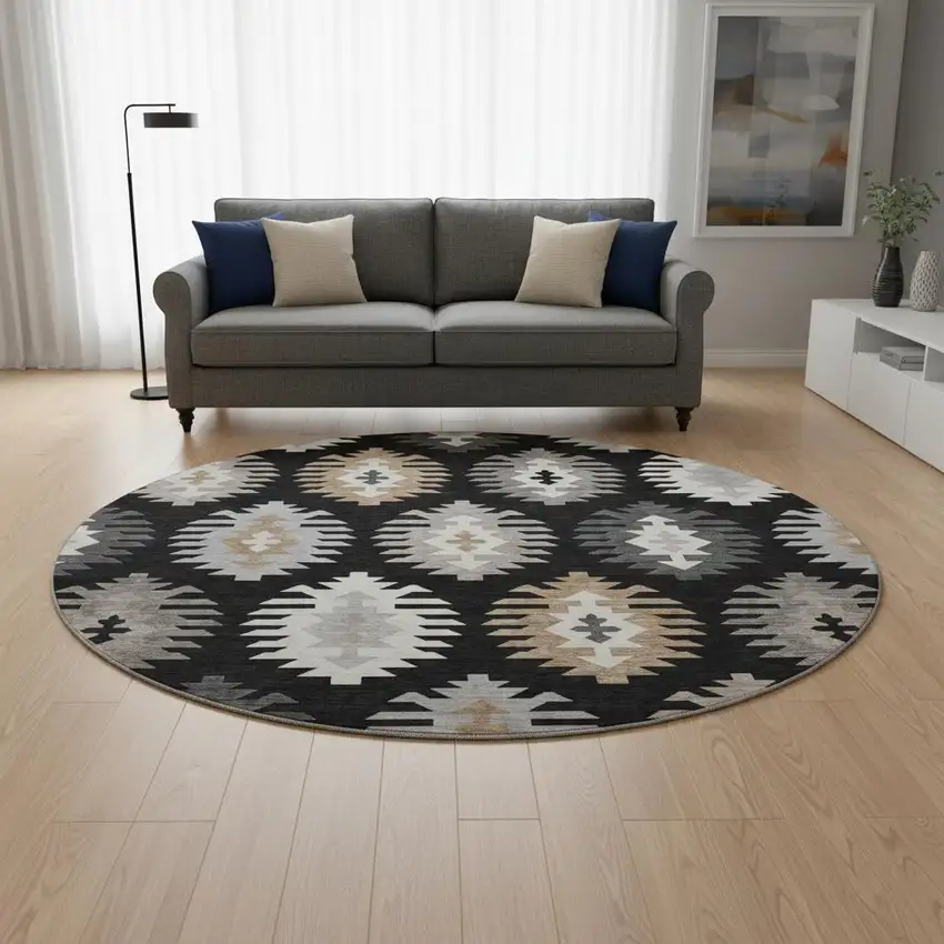 8' Black Ivory And Gray Southwestern Washable Round Rug With UV Protection Photo 2