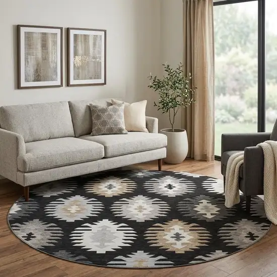 8' Black Ivory And Gray Southwestern Washable Round Rug With UV Protection Photo 1