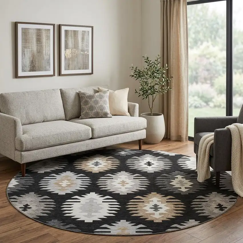 8' Black Ivory And Gray Southwestern Washable Round Rug With UV Protection Photo 1